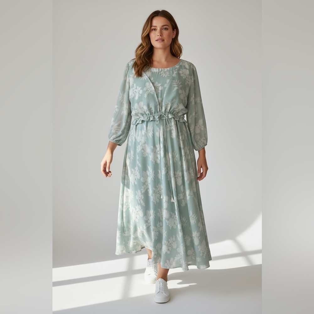 SILK & SAFFRON "Mint Reverie" Long Floral Balloon Sleeve Dress in Size XL